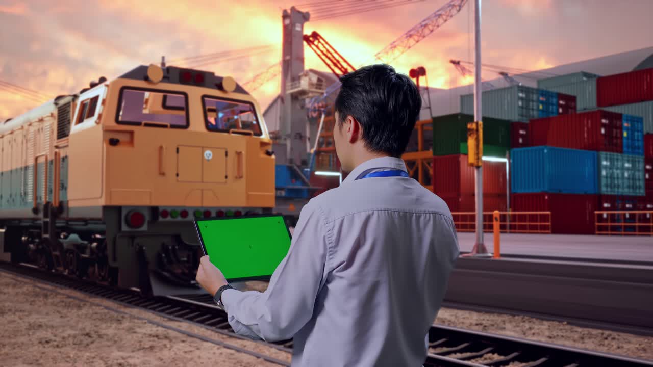 Businessman examining train and containers at port