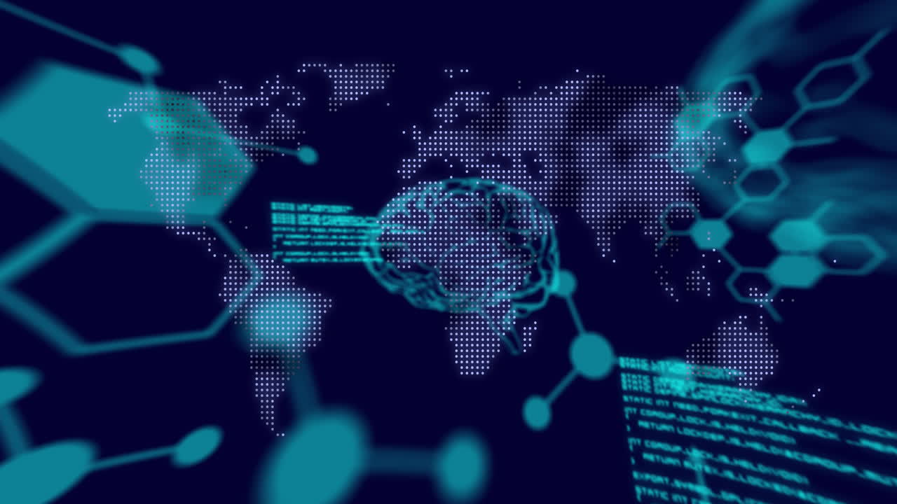 Animation of scientific data processing and human brains over dark background