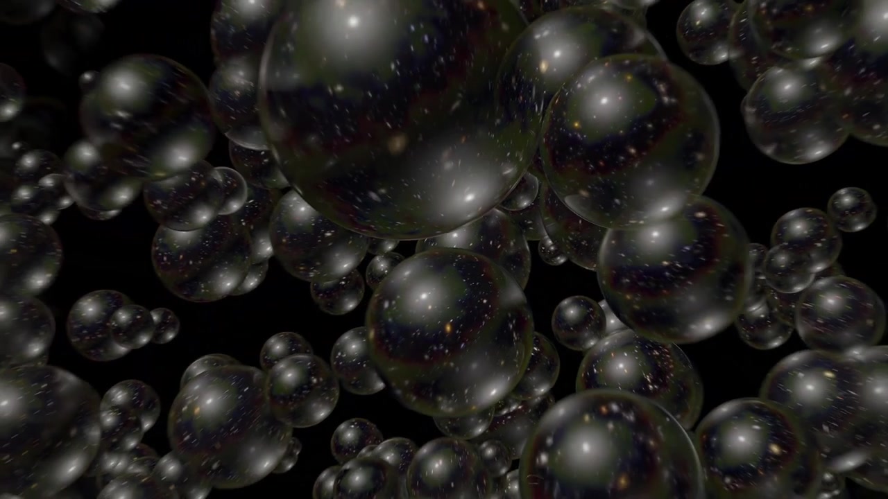 Animation of the multiverse theory showing multiple bubble universes expanding. Infinite parallel worlds multiplying and floating in the fabric of deep space and time.