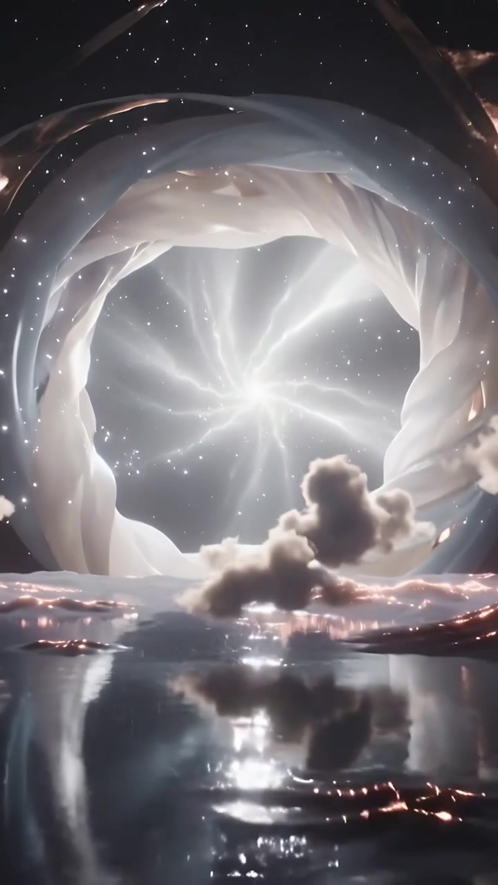 Vertical video: Flaring starburst pulling fabric ring open in cavern, scattering sparkles over pool