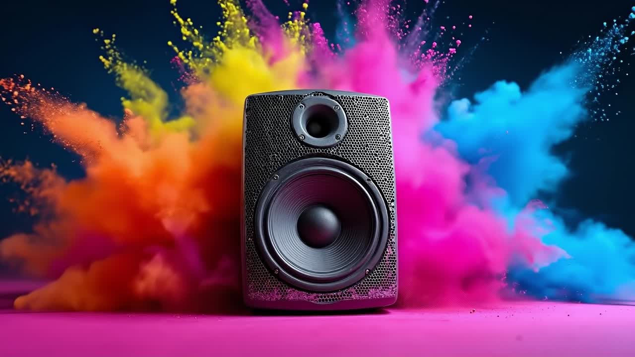 A speaker with colorful powder coming out of it