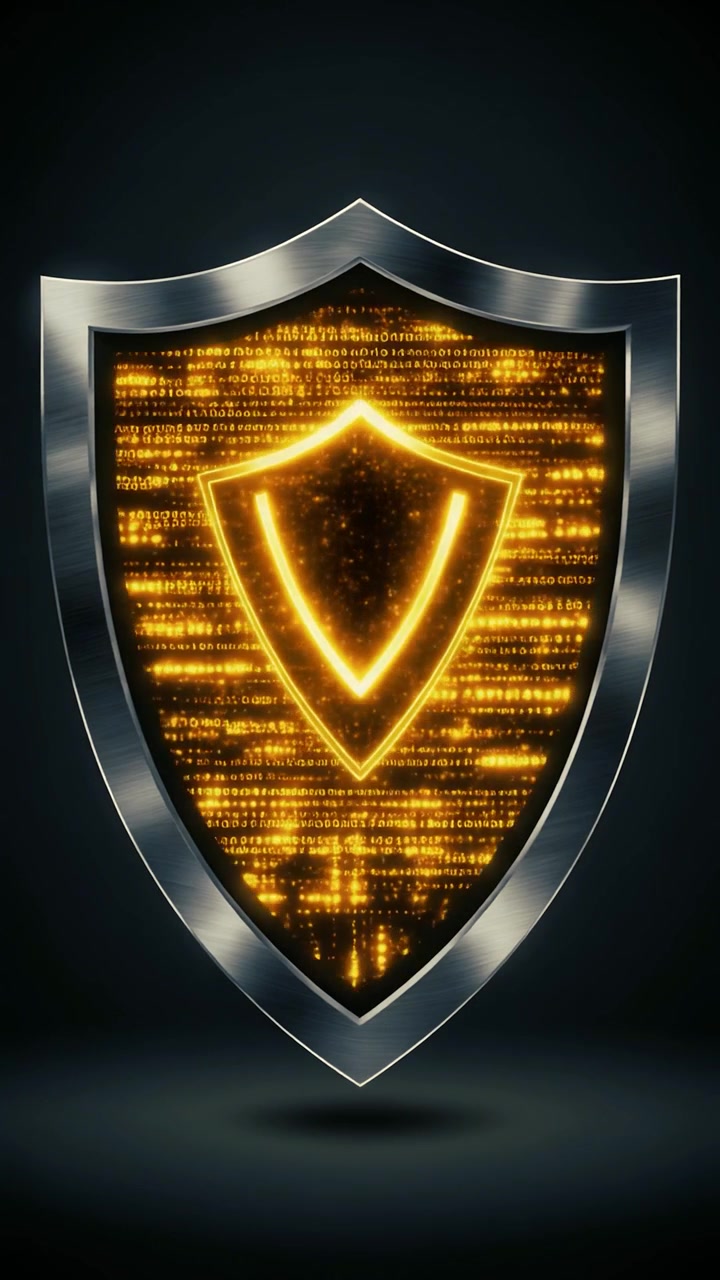 Digital Shield Icon with Glowing Data Streams and Binary Code