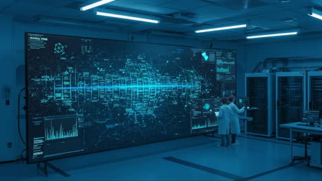 an advanced control center showcasing cutting-edge technology, data analytics, and research demonstrating innovative scientific progress