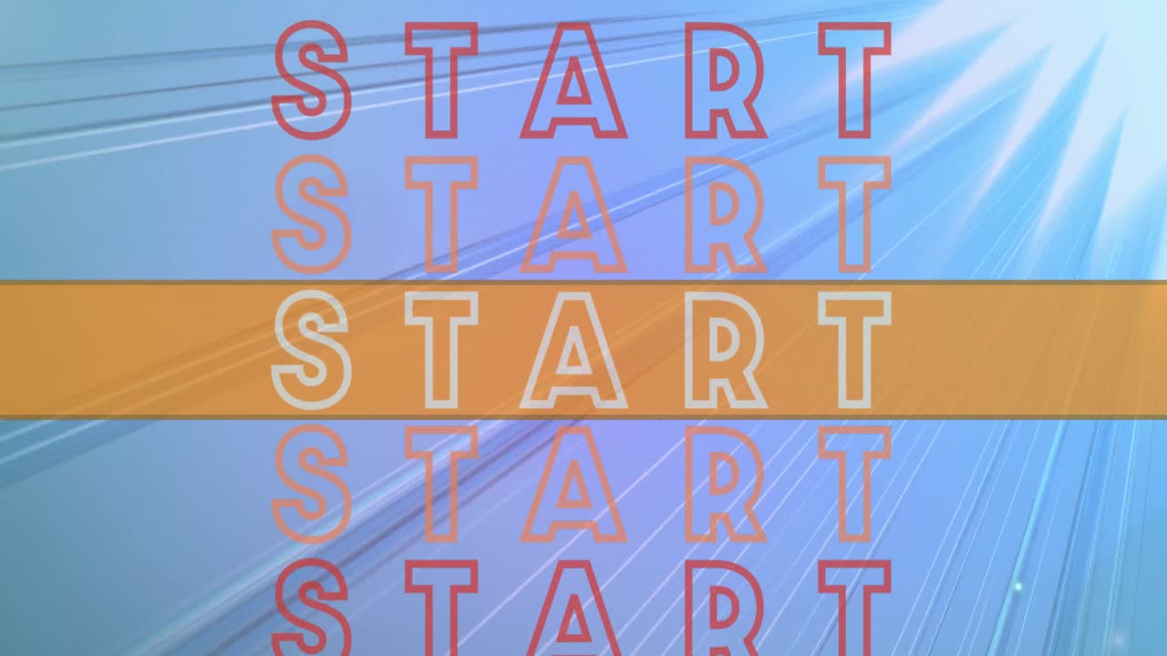 Animation of start text and bar with lens flares over blue background