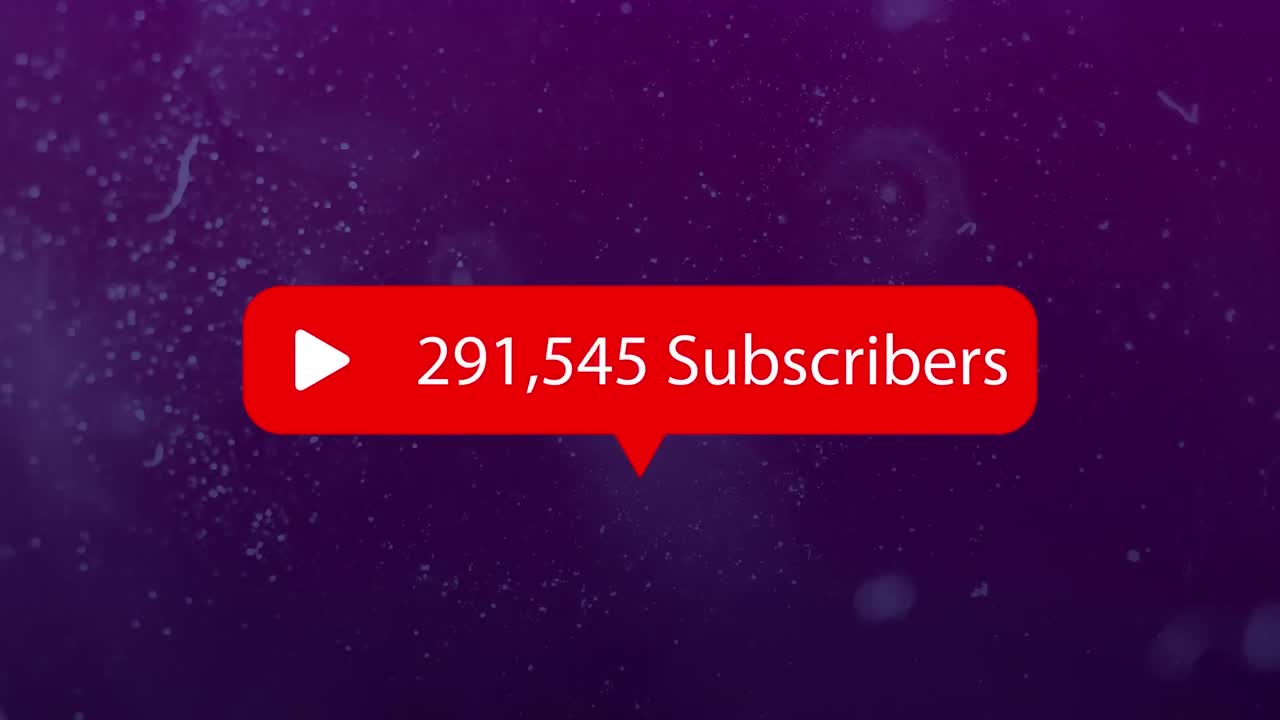 Animation of red social media subscribers notification over dirt and scratches on purple background