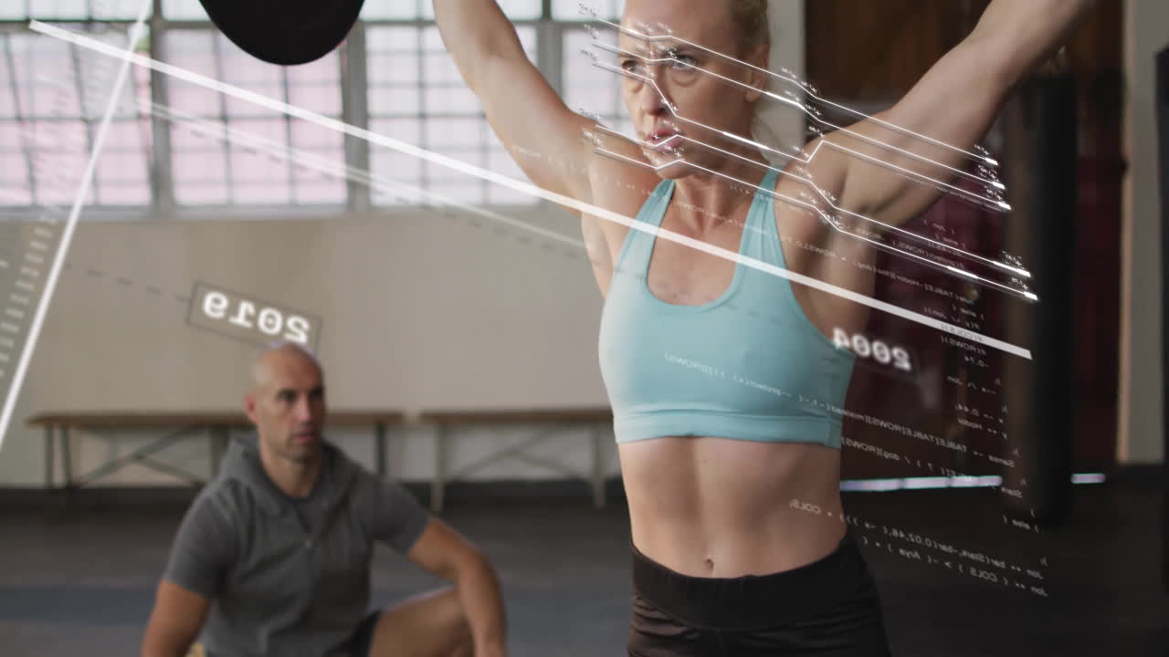 Athletic woman lifting weights with data processing animation over gym setting
