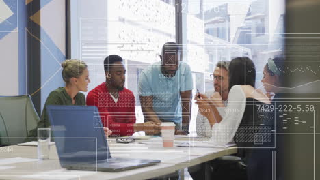 business team collaborating at office with data processing animation overlay
