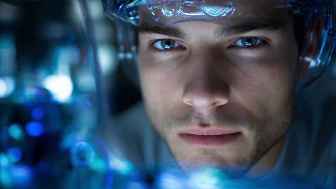 Intense Close-Up of a Focused Individual in a Futuristic Environment with Glowing Technology, Displaying Emotions of Determination and Curiosity Amidst a Digital Background