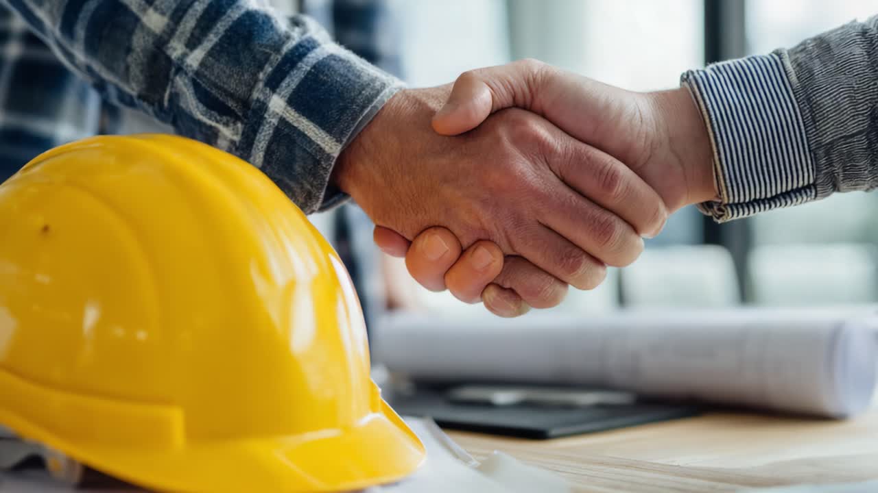 Un apretón de manos profesional que significa asociación y cooperación en la construcción, destacando la confianza y la colaboración entre dos individuos en un entorno de oficina
