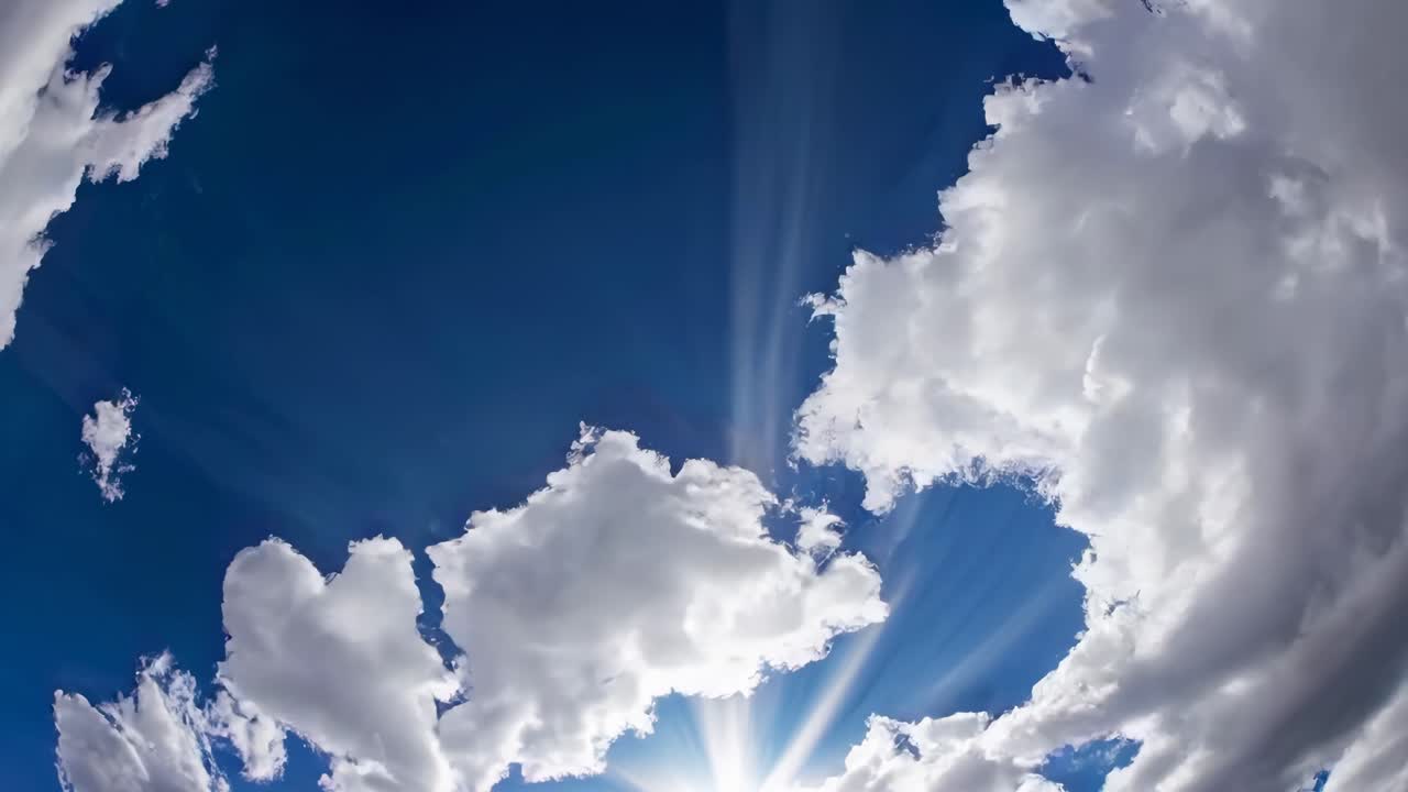 A fisheye lens captures a dynamic sky with dramatic clouds and sun rays, creating a surreal