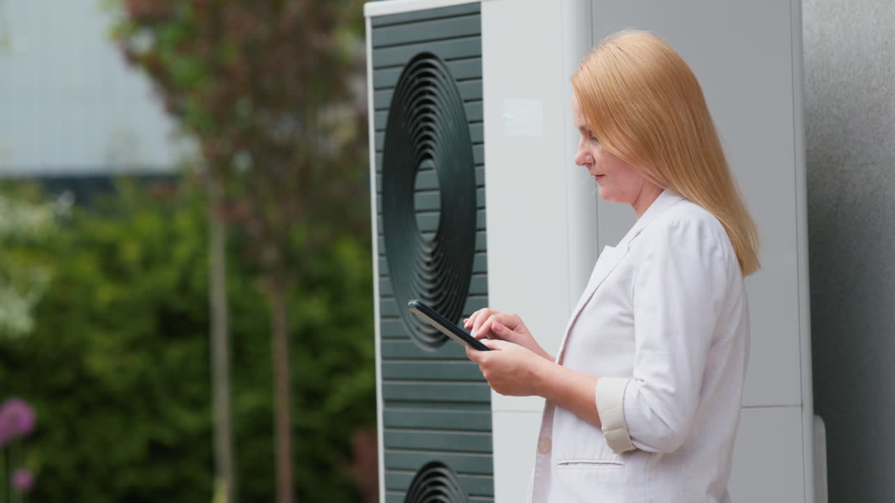 Woman sets up a heat pump near a private house. Uses a tablet