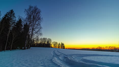 time lapse of snowy isolated forest landscape with sun setting in horizon