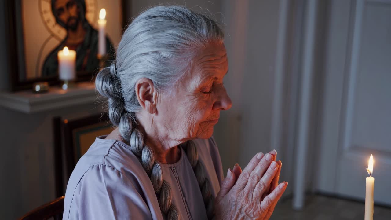 Donna anziana che prega in una sala di preghiera