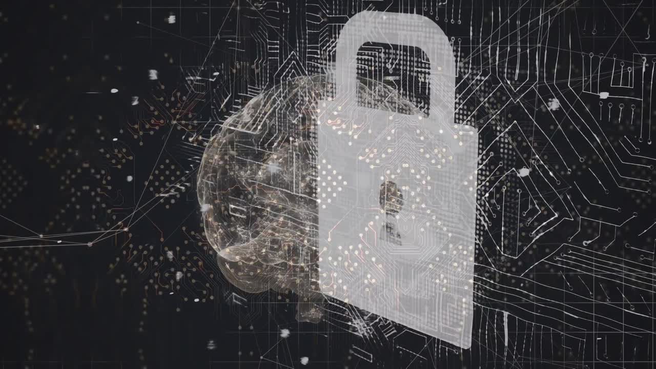 animación del cerebro sobre circuito integrado y candado digital sobre fondo negro