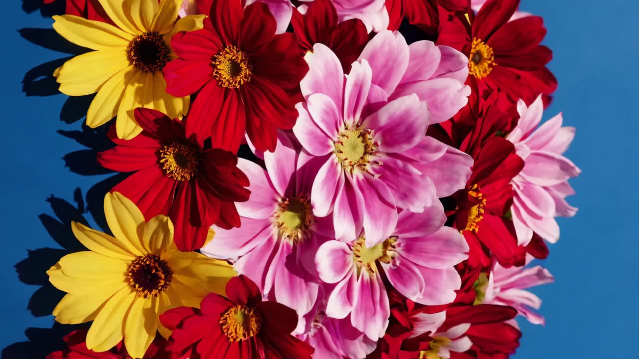 Lebendiger Blumenkranz, der sich auf blauem Hintergrund dreht