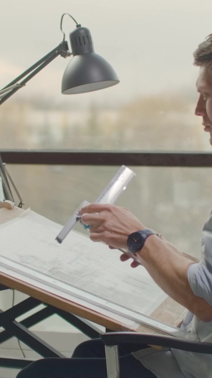 Architect Working on Blueprint at Drafting Table in Office