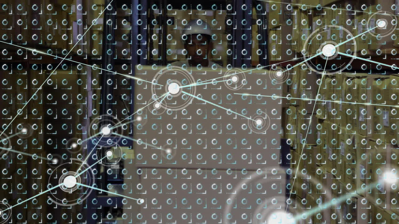 animación de la red de conexiones sobre filas de patrón móvil y hombre que trabaja en el almacén