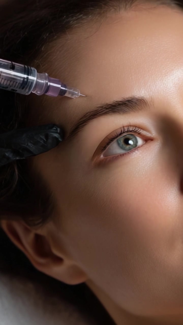 Un primo piano di una procedura di iniezione cosmetica focalizzata sul miglioramento delle sopracciglia, con una siringa che somministra il trattamento per ottenere un aspetto giovanile.