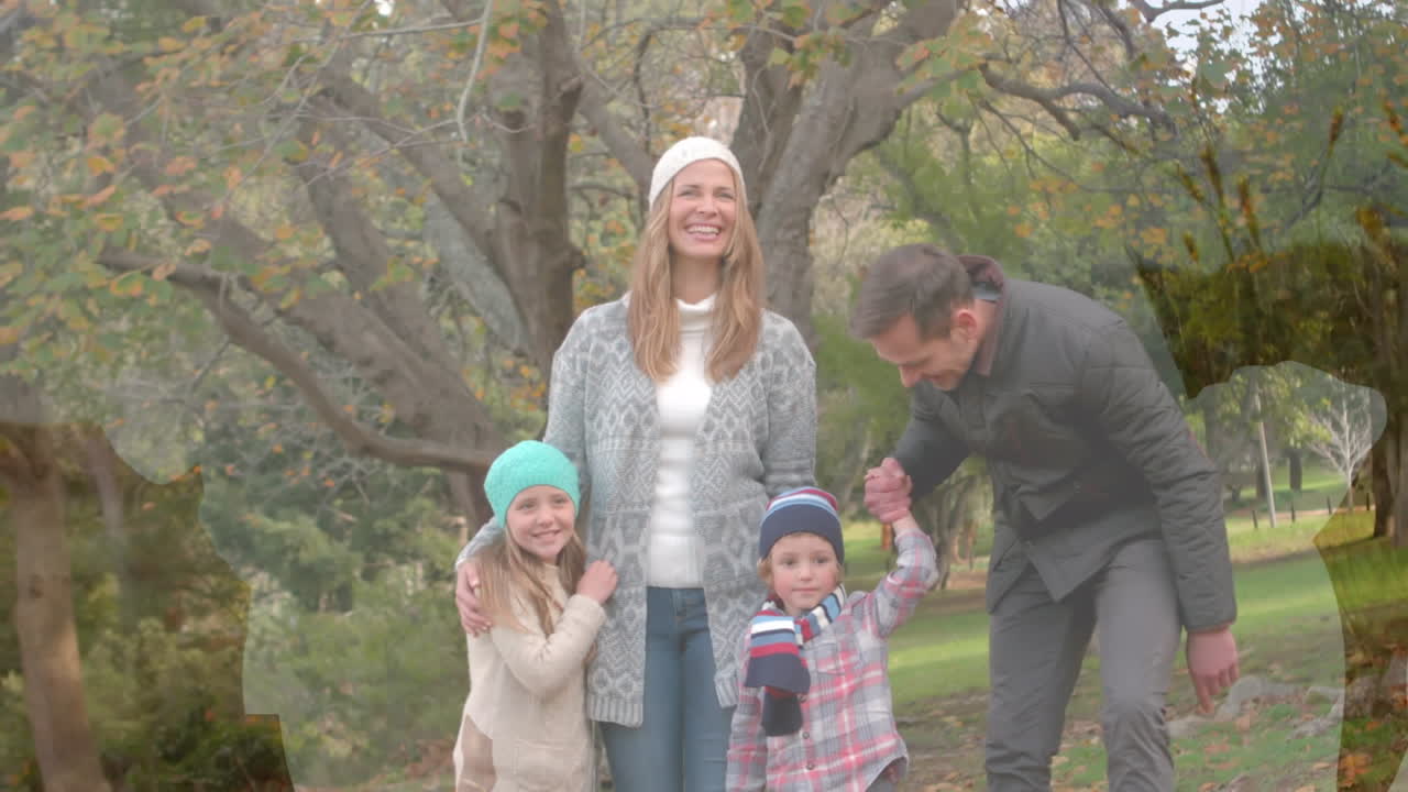 공원에서 모양에 대해 이야기하는 백인 가족의 애니메이션.