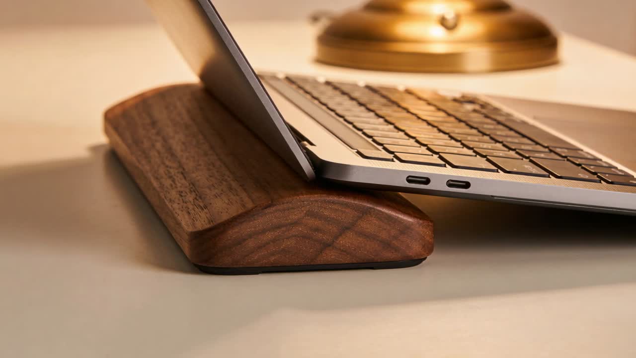 Ripresa di un laptop e un poggiapolsi su una scrivania con lampada in ottone, la telecamera sposta la messa a fuoco mostrando le porte USB-C.
