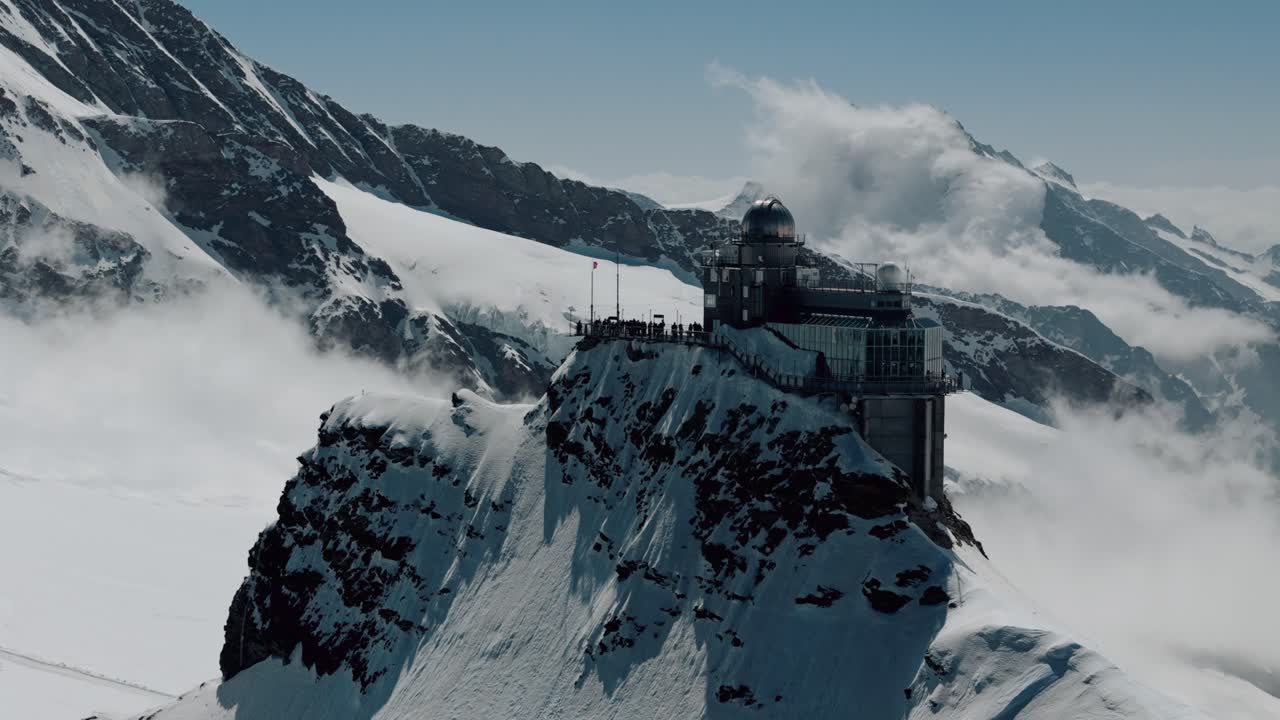 Slow Circling Shot of Jungfraujoch with Clouds and Peaks