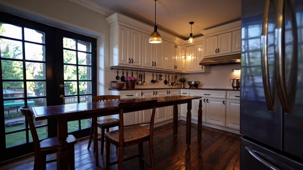 Warm kitchen video scene with rustic wooden table, pendant lights, and large windows