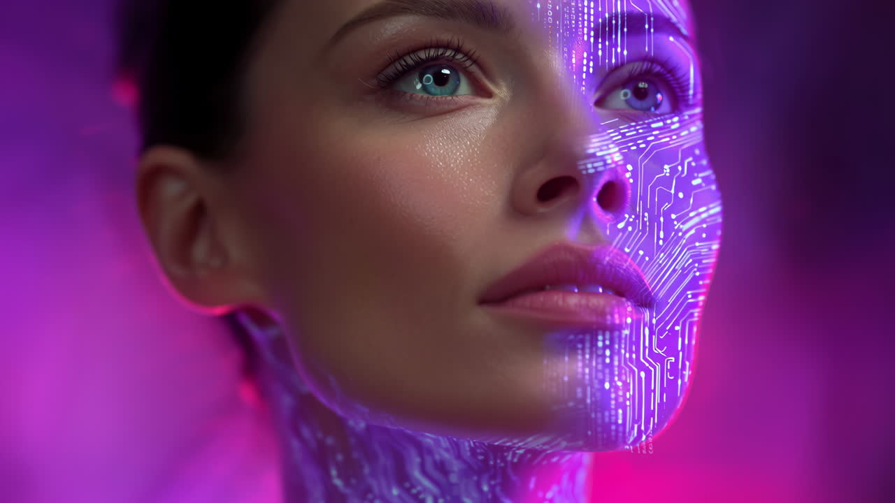 Night woman with pixel face. A woman's face glows with purple and blue digital patterns against a dark background