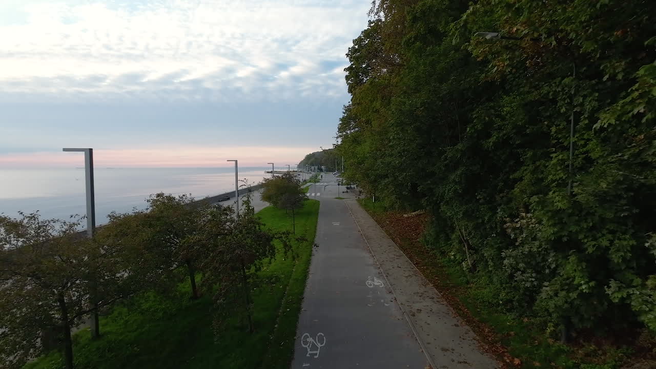 폴란드의 흐린 일몰 동안 발트해의 해안선을 따라 천천히 전진 비행 - 트리 애비뉴 홀로 해안선