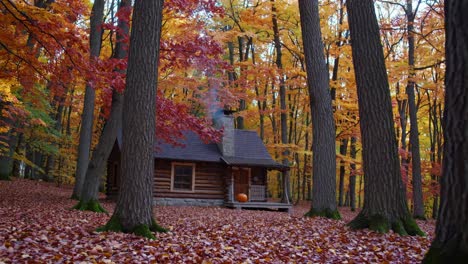 Cozy log cabin nestled in a vibrant autumn forest. Low-angle shot captures colorful leaves and tall