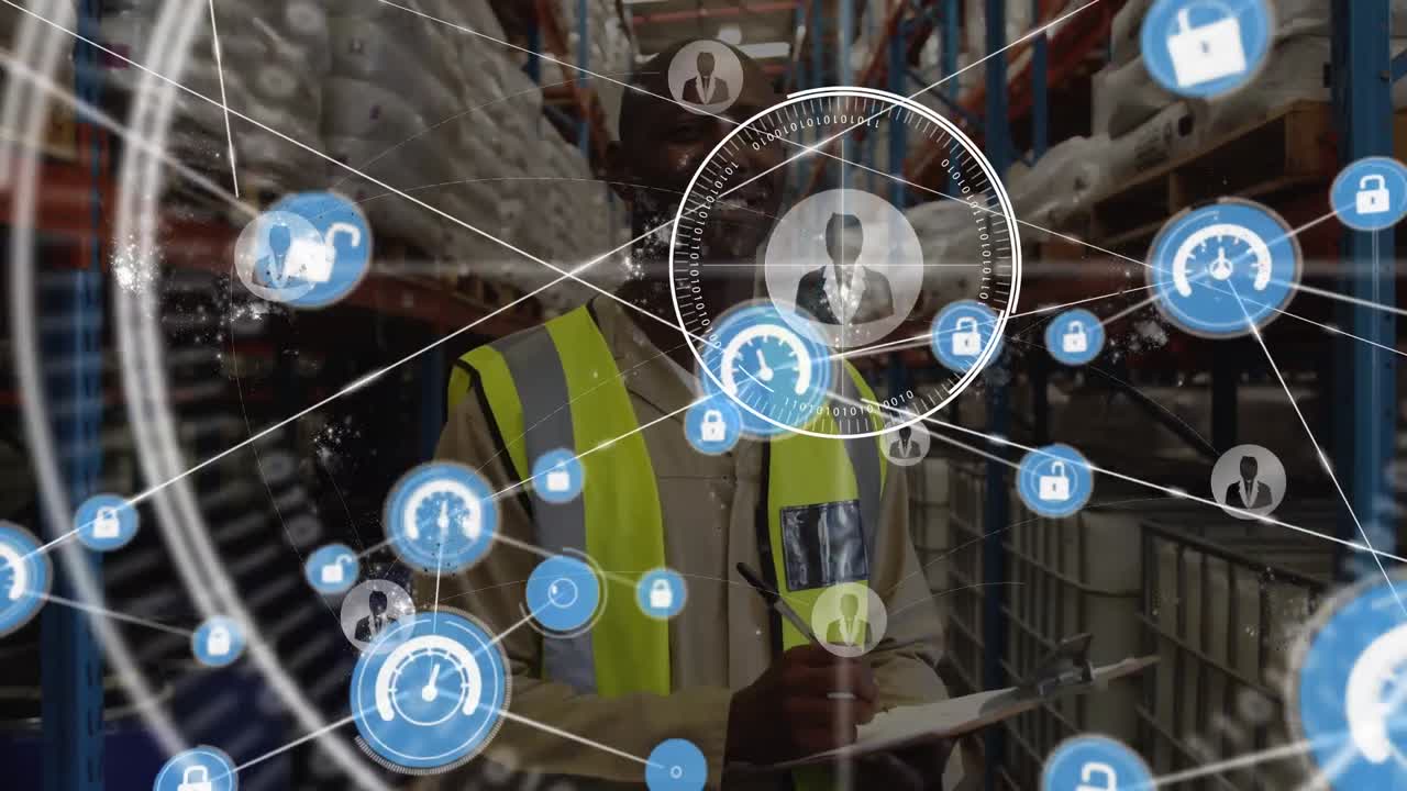 프로필 아이콘의 애니메이션, 연결된 아이콘, 추상적인 패턴, 체크리스트와 함께 아프리카계 미국인