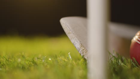 cricket-stillleben mit ball und fledermaus in der nähe, das im gras hinter stümpfen liegt 5