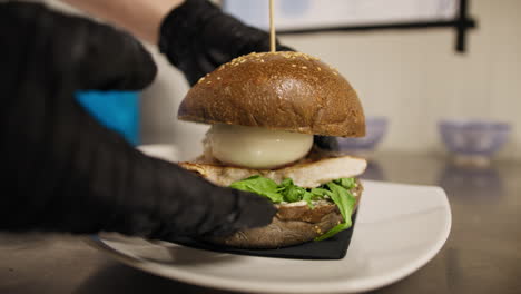 final result of the preparation of a gourmet burger with grilled swordfish