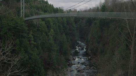 estrecho río rocoso entre frondosos árboles bajo el puente colgante en coaticook en los municipios del este, quebec, canadá, tiro inclinado