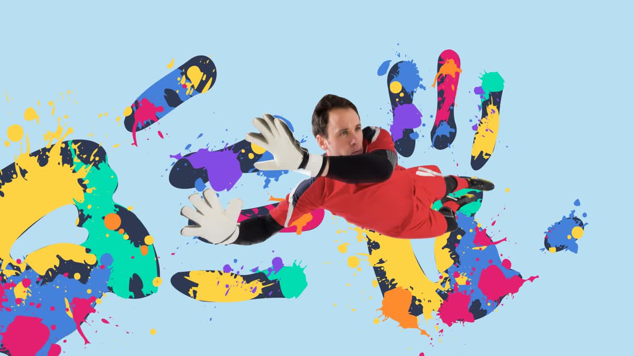 animación de un portero de fútbol sobre huellas de manos coloridas sobre un fondo azul