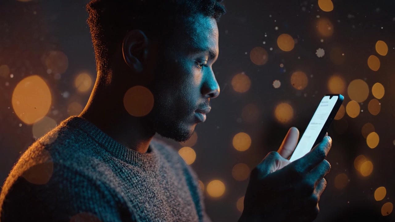 A contemplative individual engaging with a smartphone in a softly lit environment, surrounded by a warm and mesmerizing bokeh effect, evoking a sense of reflection and connection.