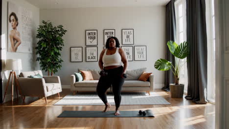 plus-size woman exercising with dumbbells in a living room