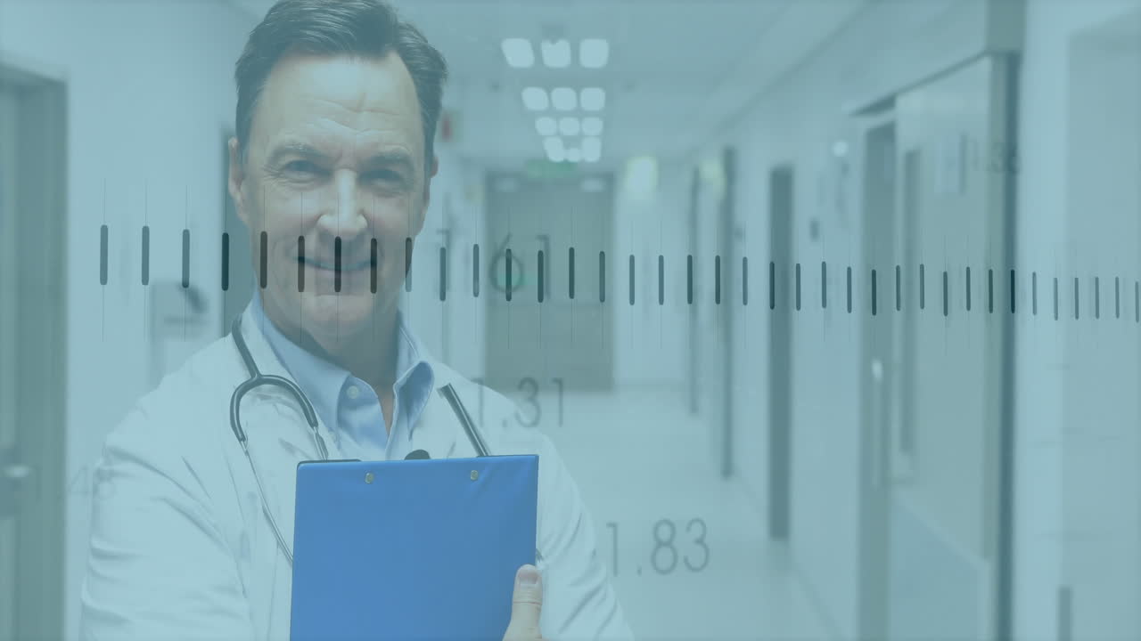 male doctor holding clipboard in hospital corridor, showing medical measurement bars overlay