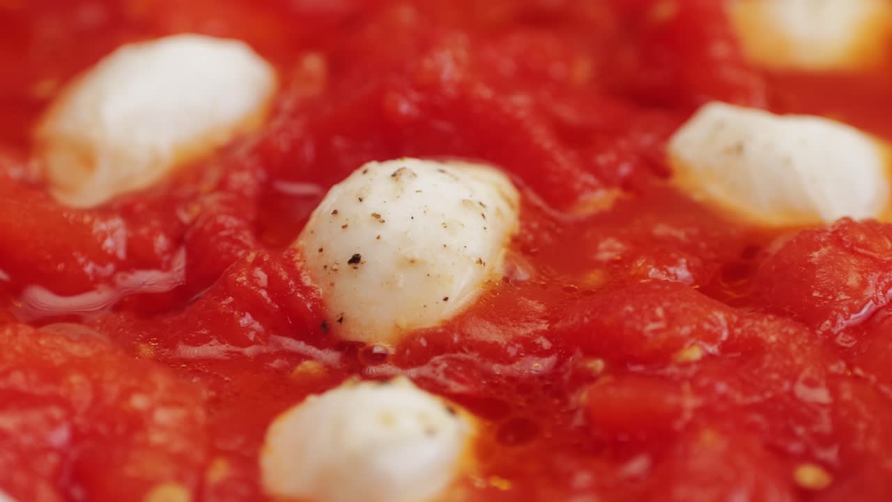 Cooking fresh peeled canned tomato Juice sauce with mozzarella cheese in pan, peeled tomatoes boiling in their own juice, making tomatoes pasta sauce .Top view close up, Italian traditional cuisine food.