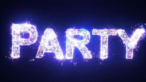 sparkling text animates the word party with colorful lights against a black background, creating a vibrant celebration feel