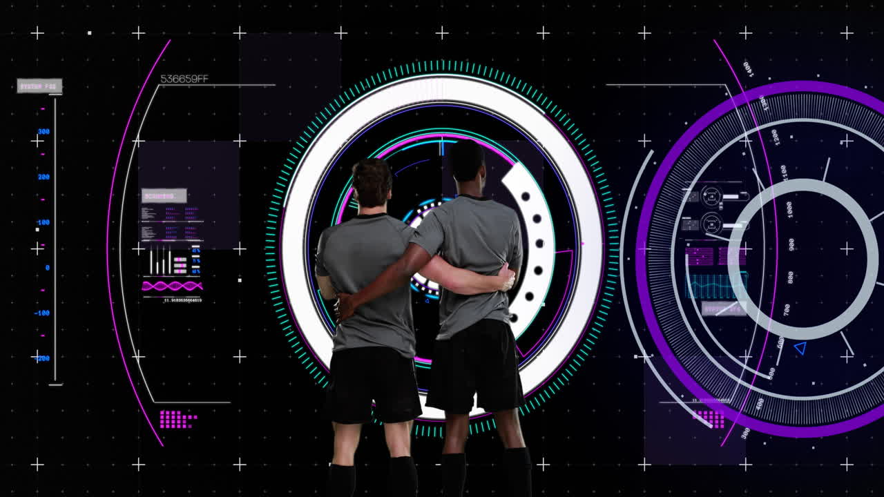 Animation of two rugby players embracing with scope scanning and data processing