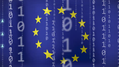 european union stars over binary code and network connections animation