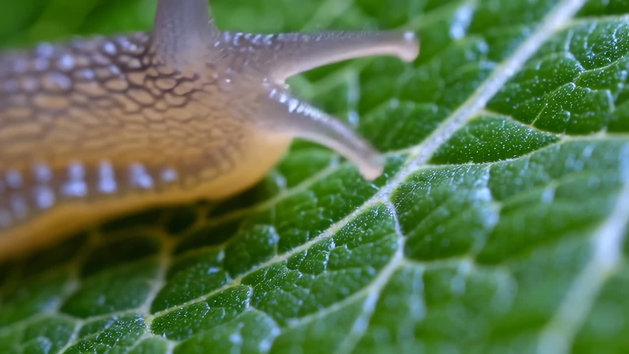 Close-up Macro Shot of a Snail on a Green Leaf