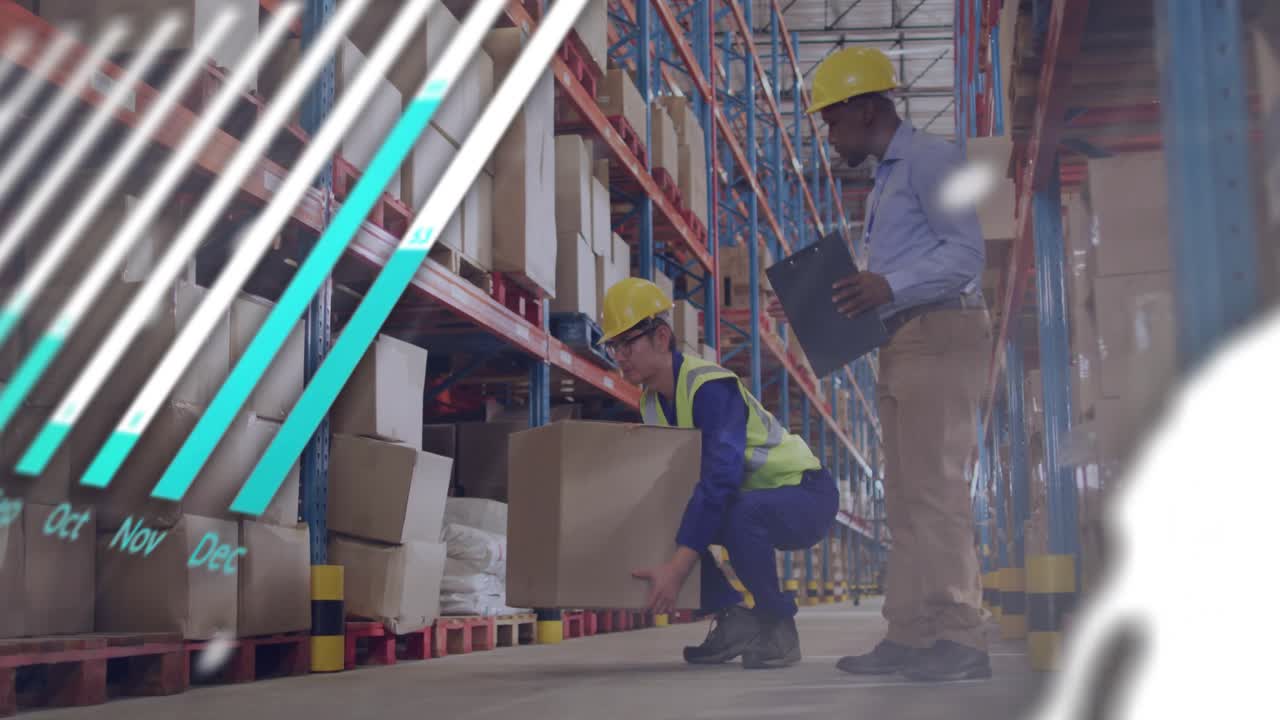 Operator lifting box revealing animated charts globe as supervisor checking clipboard for inventory