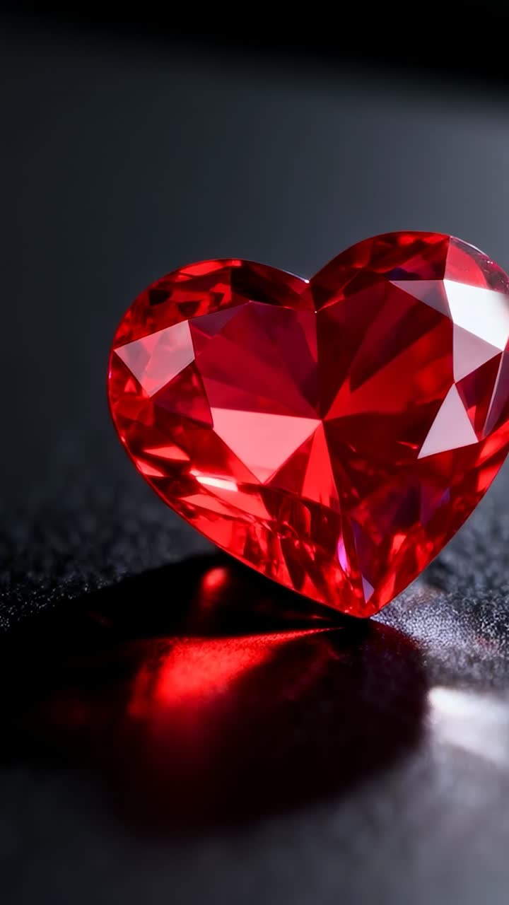 Vertical video: Rotating red heart gem shifting on dark table with light sweeping, showing facets