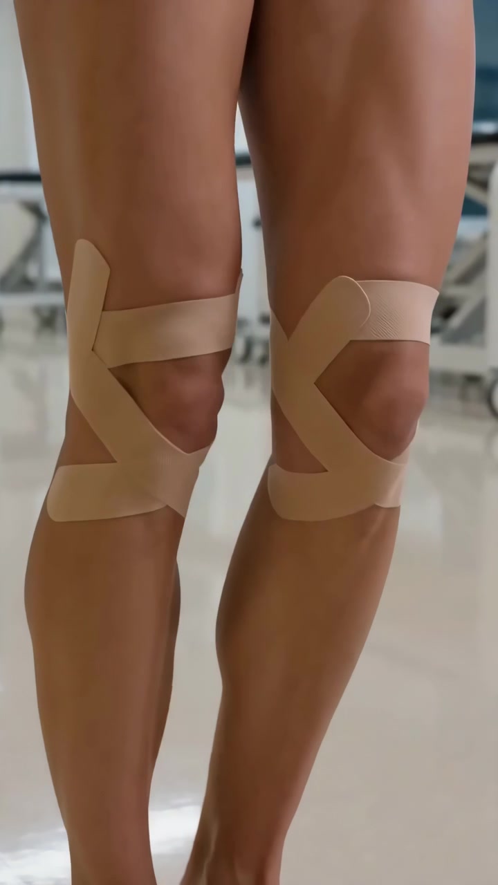 Gambe in piedi, in una palestra interna o centro fitness, con ginocchiere, da una prospettiva frontale, con tonalità della pelle, accenti bianchi e atmosfera neutra, che mostra oggetti vicini e l'ambiente circostante.