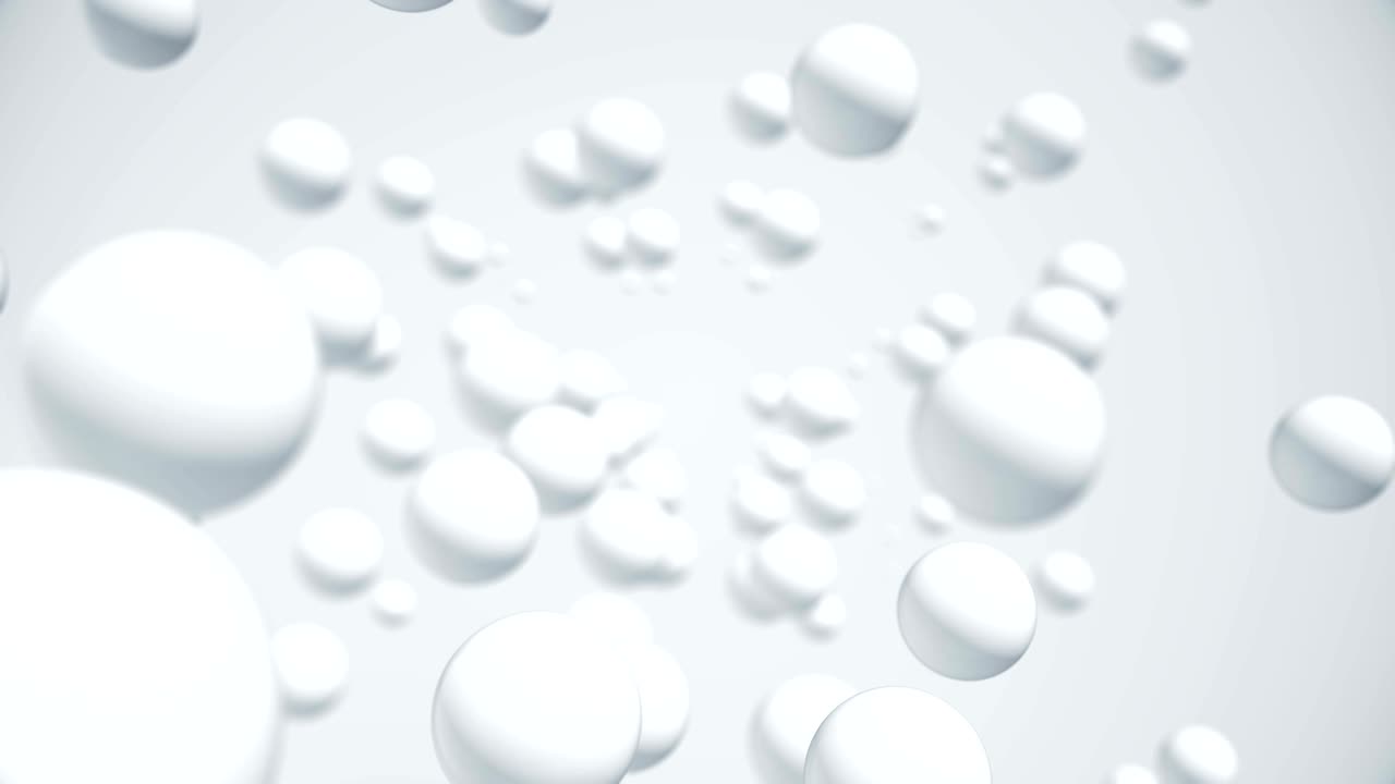 volar a través de las esferas blancas. concepto de textura mínima simple. bucle sin costuras.