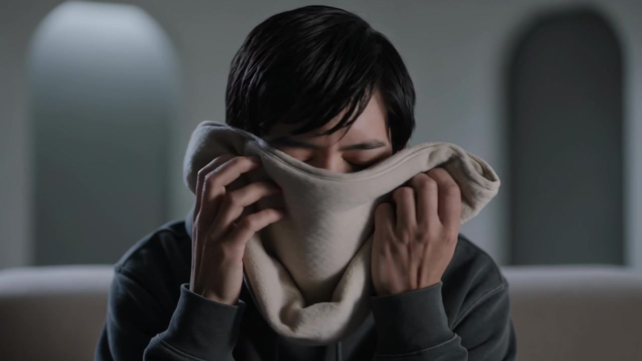 ダークグレーのパーカーを着た男性が、ソファの上で布を手に持ち、それを鼻に近づけて落ち着くために吸い込んでいる。