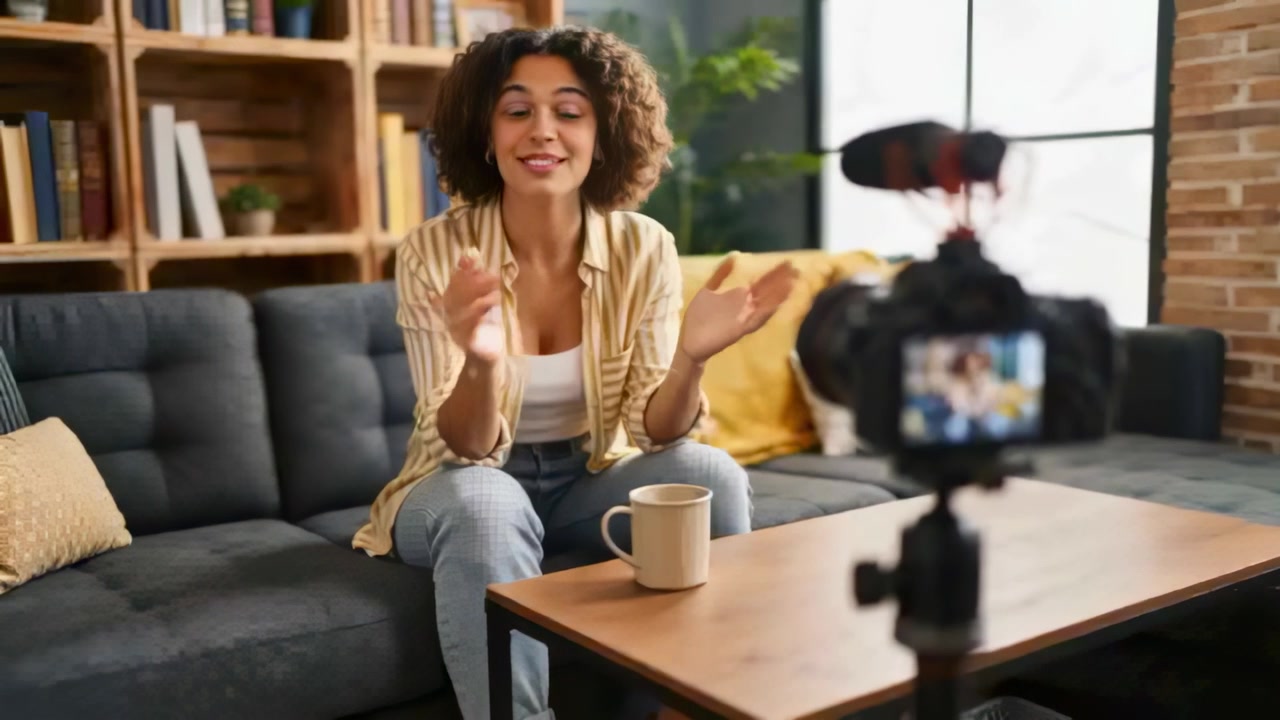 Câmera gravando, mulher de camisa amarela filmando vlog, falando e gesticulando no sofá com caneca e microfone.