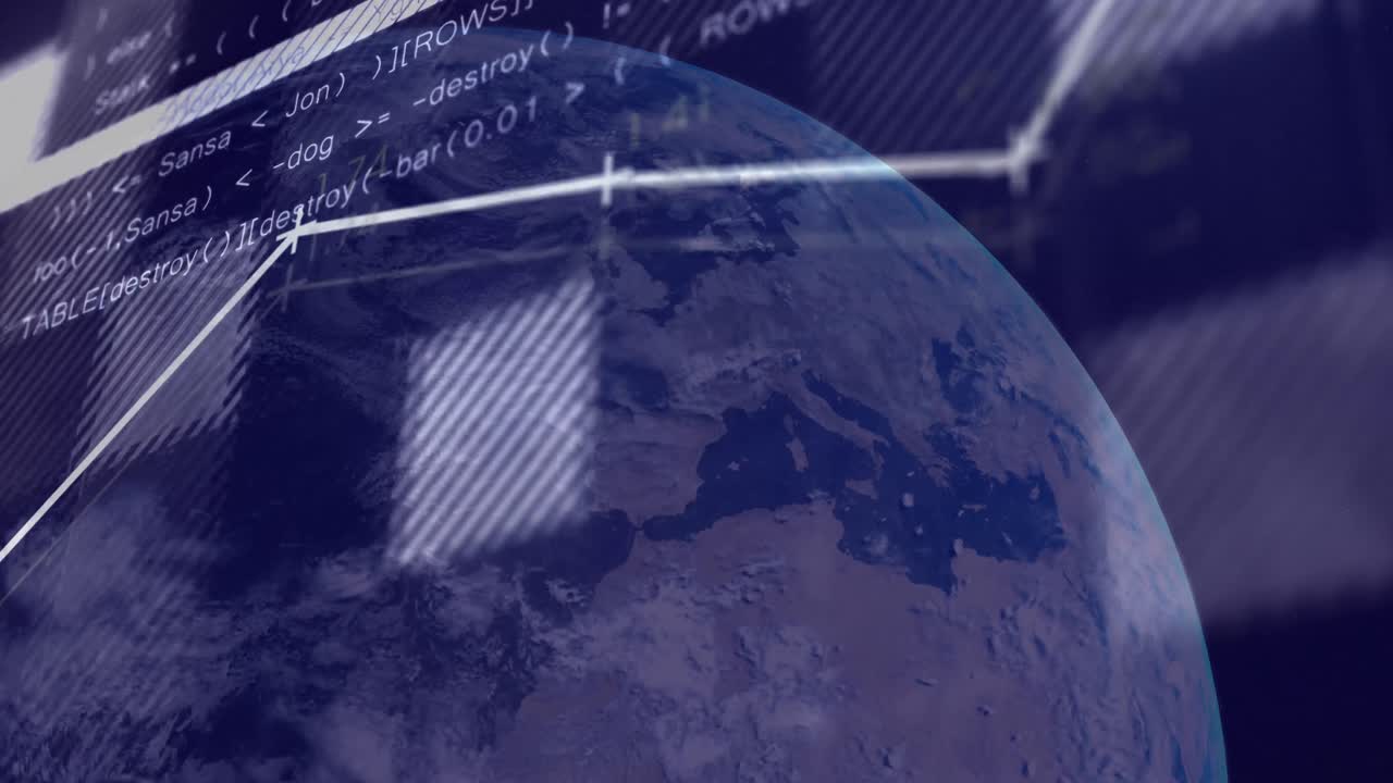 Animation of globe and financial data processing over black background