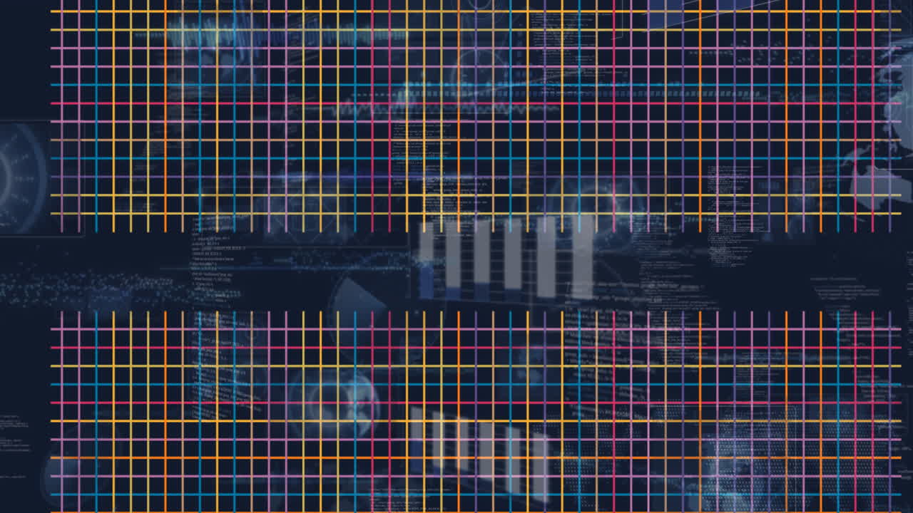 검은 바탕에 화면과 그리드에 대한 데이터 처리의 애니메이션